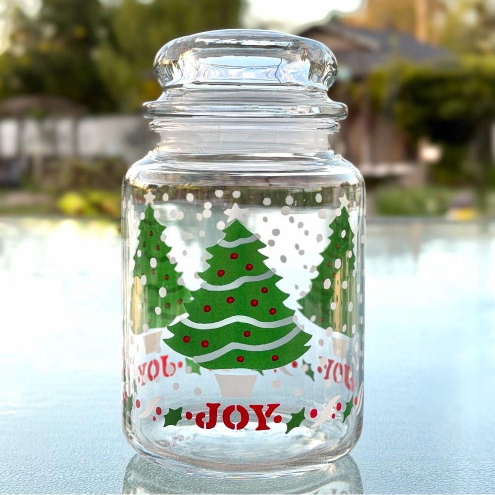 Christmas Tree Joy Retro Glass Apothecary Jar with Knob Lid